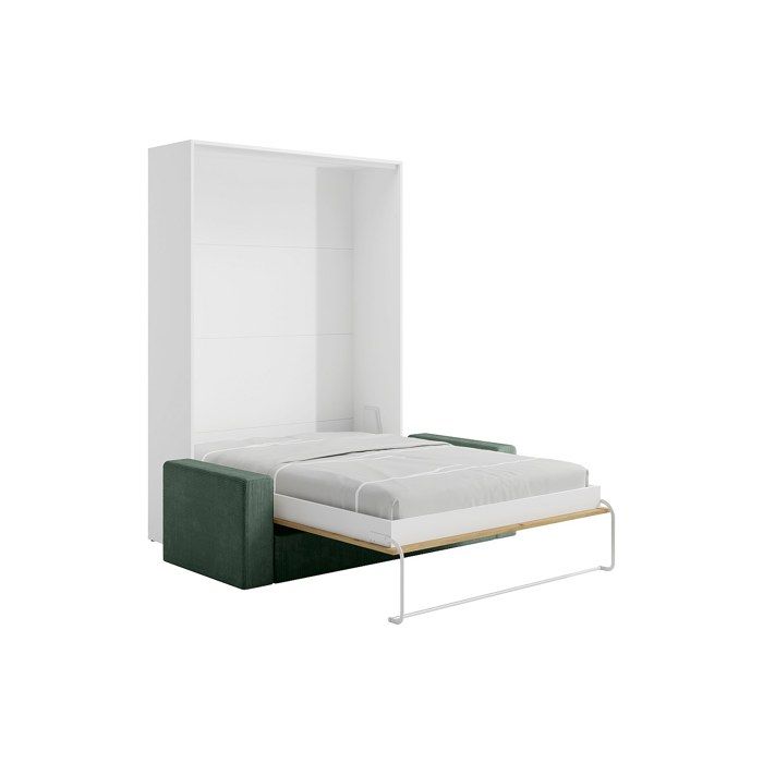 Lit escamotable 140 x 200 cm - Ouverture verticale manuelle - Coloris : Naturel et blanc + Canapé en velours côtelé Vert - BEGANIO