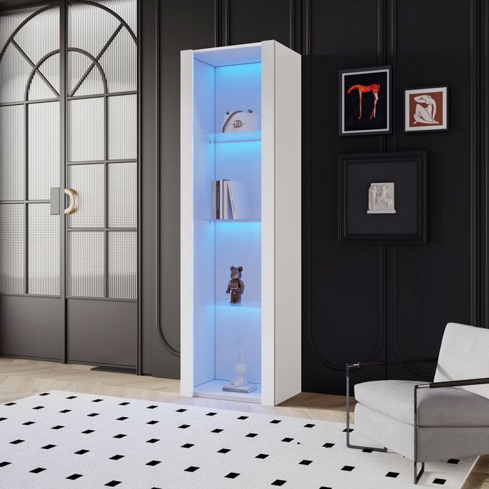 Vitrine blanche haute brillance avec éclairage LED 3 étagères en verre 55*38*166 cm vitrines vitrines sur pieds armoires hautes