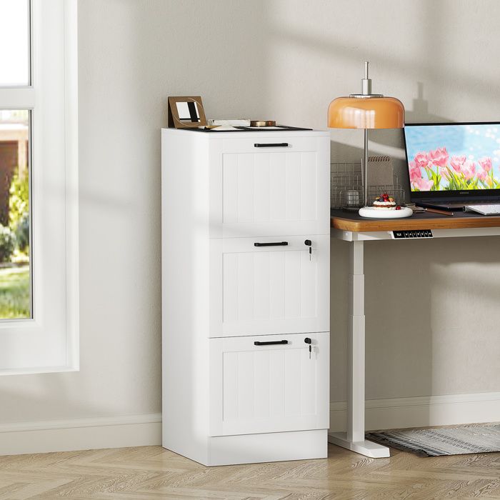 Caisson bureau meuble rangement bois 3 tiroirs et serrure barres de suspension réglables 40 x 40 x 101 cm blanc