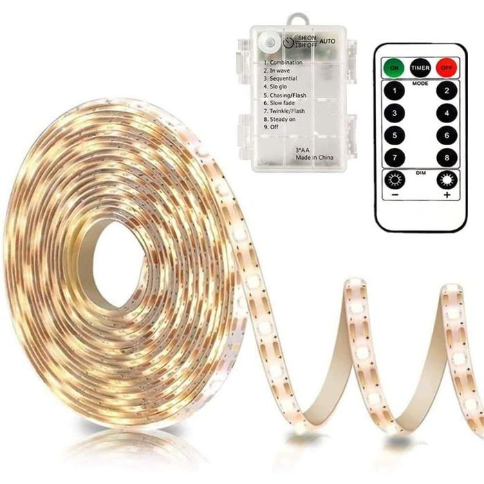 Bande lumineuse LED de 3 mètres alimentée par batterie avec télécommande étanche lumière blanc chaud.