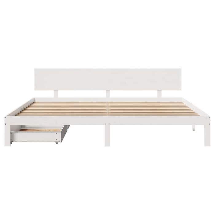 Structure de lit avec tiroirs - UU - Blanc - Bois de pin massif - 200x200 cm - Tiroirs avec roulettes - Sommier à lattes