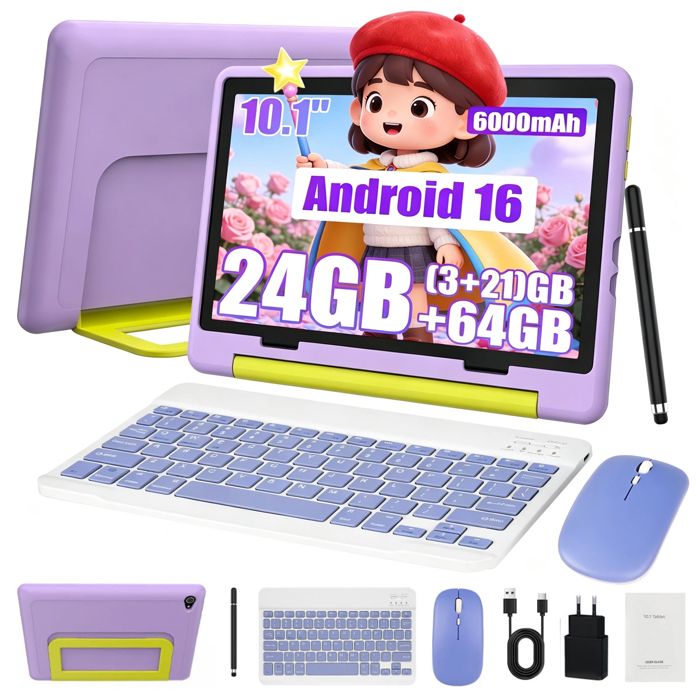 Tablette 10.1 Android 16 pour enfant - KOTSREN - 24(3+21)Go RAM - 64Go ROM - 6000mAh - WiFi 6 - Android 16
