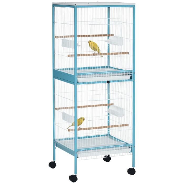 Meilleurs prix pour Cage à oiseaux - PawHut - grande sur pied volière double mangeoires perchoirs plateau amovible - métal - 515x50x140cm - bleu clair