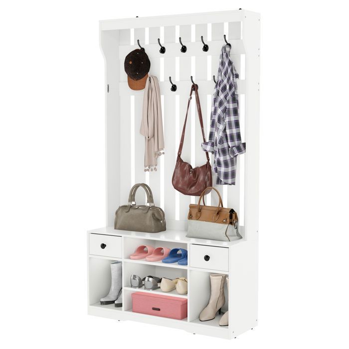 Porte-manteau YITAHOME avec banc à chaussures 9 crochets et 2 tiroirs amovibles en tissu blanc 100 x 35 x 180 cm