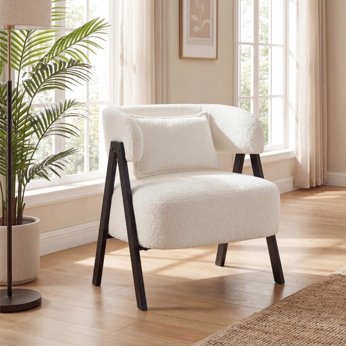 GIANTEX Fauteuil de Salon Rembourré avec Dossier Incurvé et Coussin LombairePieds Métalliques65x62x725cmCharge 150KGBlanc