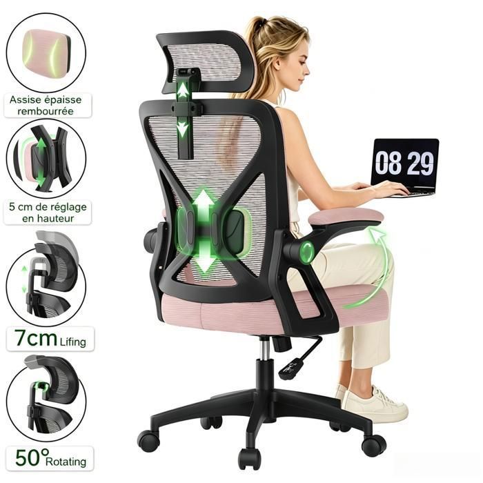 Fauteuil bureau ergonomique dossier accoudoirs réglables appui-tête coussin moelleux assise tissu respirant rose