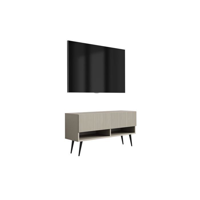 Meuble TV - Façade rainurée étagère et placard - Cachemire - Pieds inclinés noirs - 100×32×52 cm