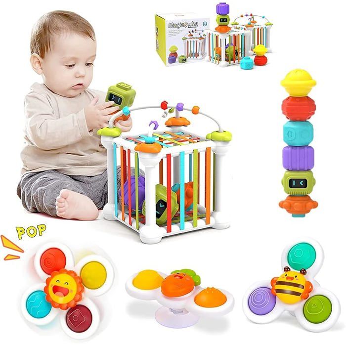 Morkka – Cube Sensoriel Montessori – 12 Pièces – Trieur De Formes – Spinners Ventouse – Labyrinthe – 1-3 Ans