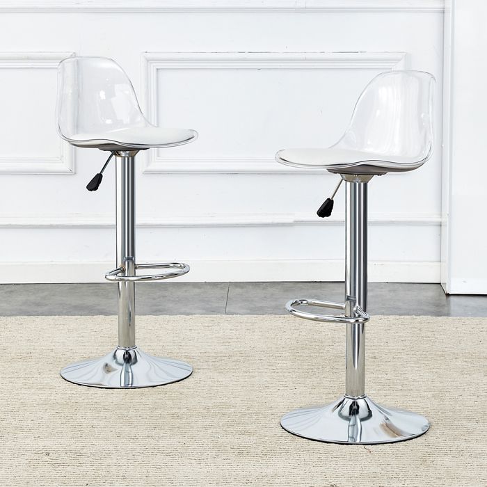 Lot de 2 tabourets de bar avec dossier transparent et rotation 360° en métal et plastique blanc et argenté