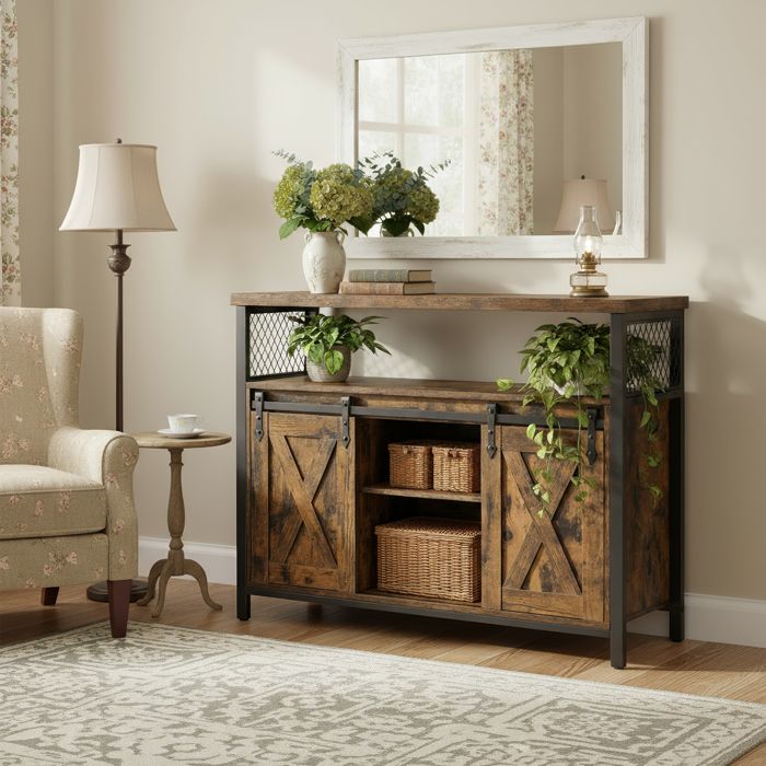 Buffet de cuisine avec 2 Portes Coulissantes 33 x 100 x 80 cm Étagères Réglables pour Salon Marron Rustique et Noir dEncre Buffet de cuisine avec 2 Portes Coulissantes 33 x 100 x 80 cm Étagères Réglables pour Salon Marron Rustique et Noir dEncre