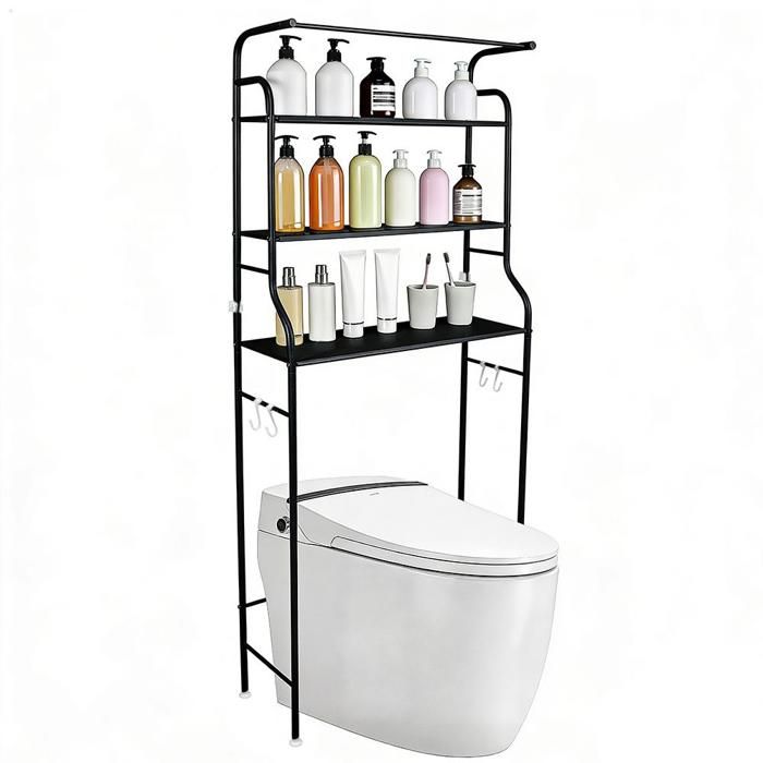 MIPAN. Meuble WC - Meuble Dessus Machine à Laver - Étagère De Salle De Bain À 3 Niveaux Sans Perçage - 47x25x160cm - Noir