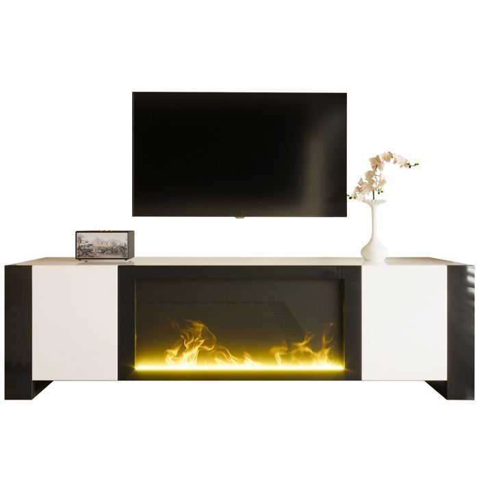 Meuble TV blanc brillant avec cheminée électrique décorative et rangements