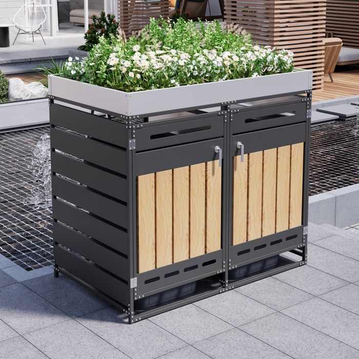 Armoire de jardin avec bac à plantes - Bac à plantes intégré - Grain de bois vertical - Ventilation à fentes longues