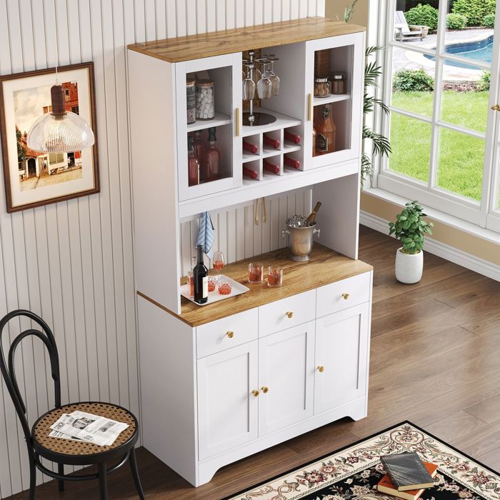 Buffet haut - SOGEU - 100x30x180 - 5 portes 3 tiroirs - 2 portes vitrées - Finition bois blanc bicolore
