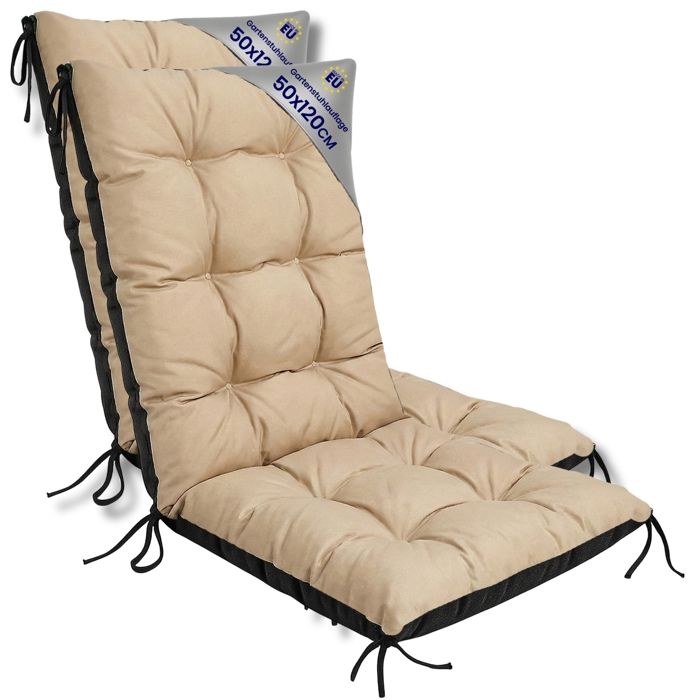 Coussin Chaise Jardin Dossier Haut Set: 2x 50x120 cm - Matelas Siege Extérieur Mobilier Confort Imperméable Beige