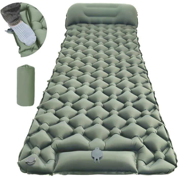 Matelas de sol gonflable ultraléger pour le camping avec pompe et oreiller intégrés– Matelas pneumatique ultraléger et résistant...