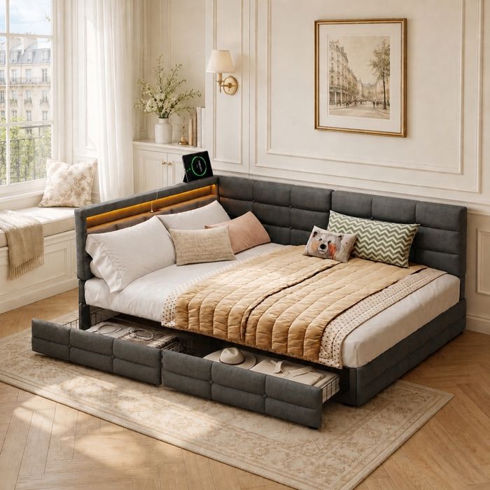 Canapé-lit capitonné 140x190 avec LED et port USB lit rembourré double avec 2 tiroirs lit adulte avec sommier à lattes en lin