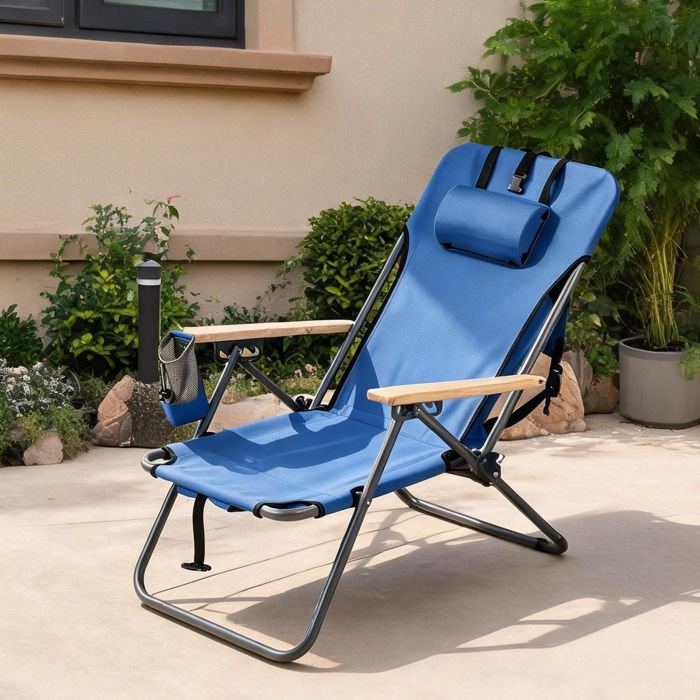 Fauteuil de relaxation pliant en tissu Oxford bleu et métal dossier réglable 4 positions pour jardin et terrasse