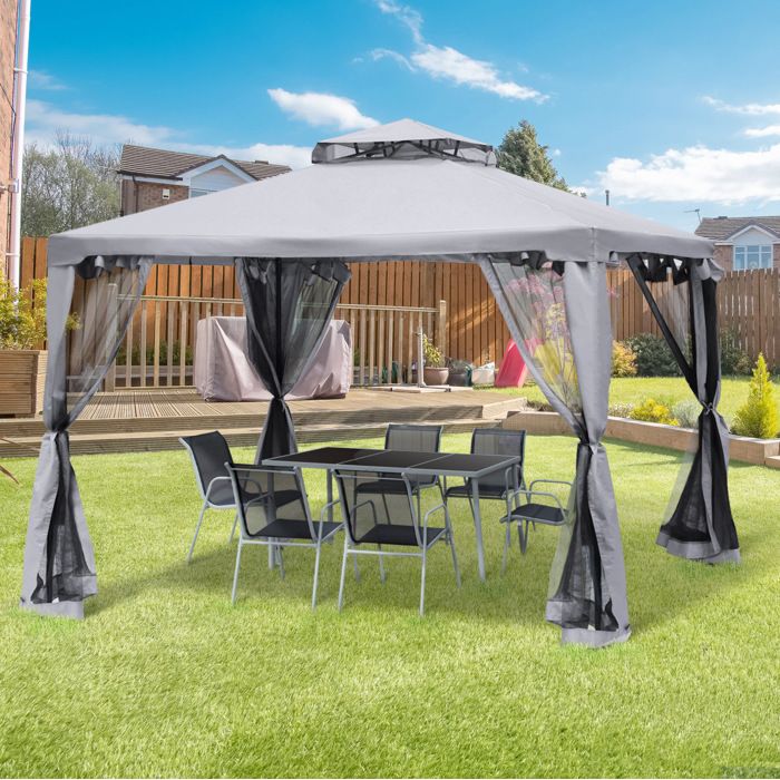 Tonnelle de jardin 3 x 3 m en métal et polyester gris anthracite avec toit double et 4 parois moustiquaires