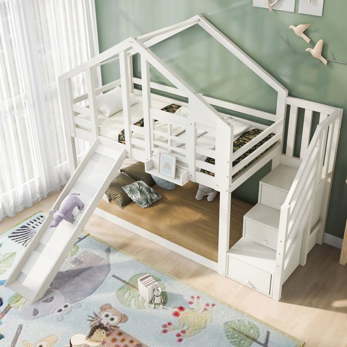 MEULVA lit superposé enfant 90 x 200 cm avec toboggan escalier de rangement à 3 marches sommiers à lattes blanc