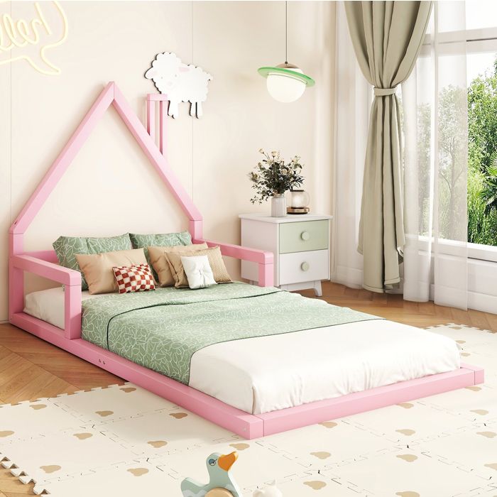 Lit enfant cabane 90 x 200 cm rose en pin massif et MDF avec sommier à lattes