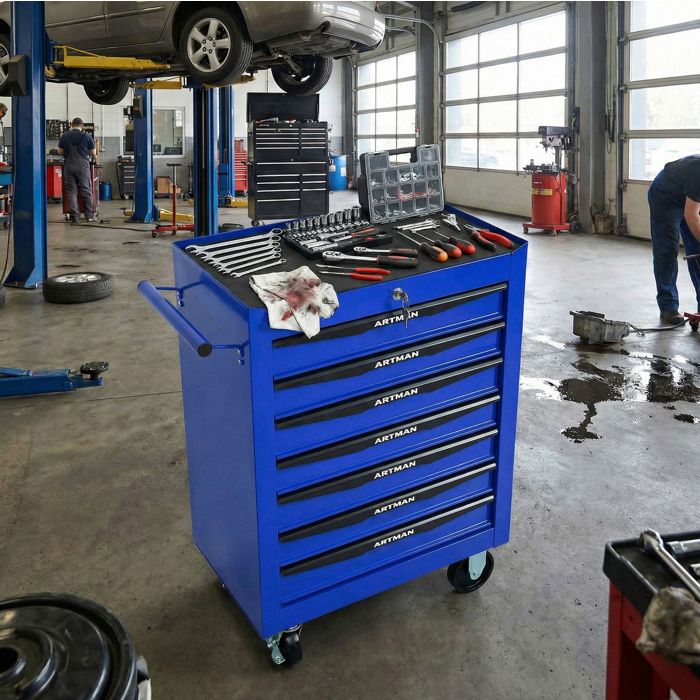 COVREO servante datelier mobile 7 tiroirs 52 5 x 33 x 77 5 cm acier noir et bleu avec roulettes