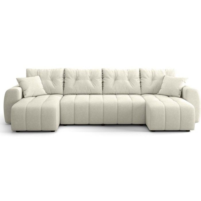 Canapé panoramique convertible 6 places en tissu chenille beige - Alba Canapé panoramique convertible 6 places en tissu chenille beige - Alba