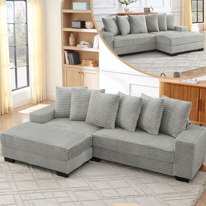 WOVREO canapé d’angle 4 places 256 5 x 133 5 x 89 cm méridienne réversible velours côtelé gris 6 coussins
