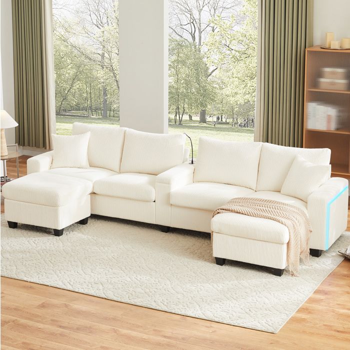 Canapé en U avec LED USB et Lampe - MODENVIE - 2 Poufs Rangement Velours Côtelé Beige 334 × 128 5 × 81 cm