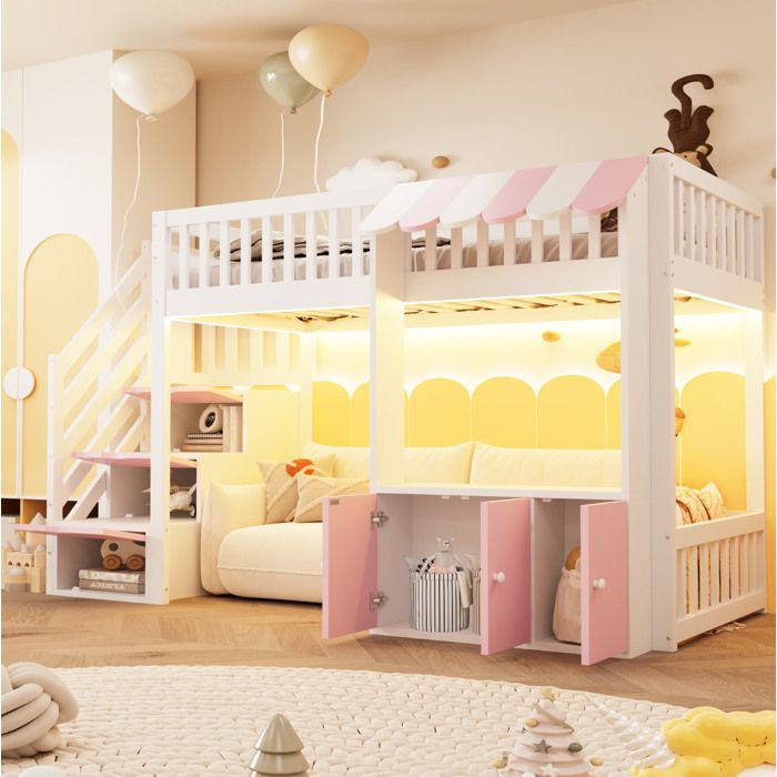 Lit mezzanine Enfant 90×200 cm avec escalier de rangement armoire intégrée et LED - ELVMI - sans matelas rose et blanc