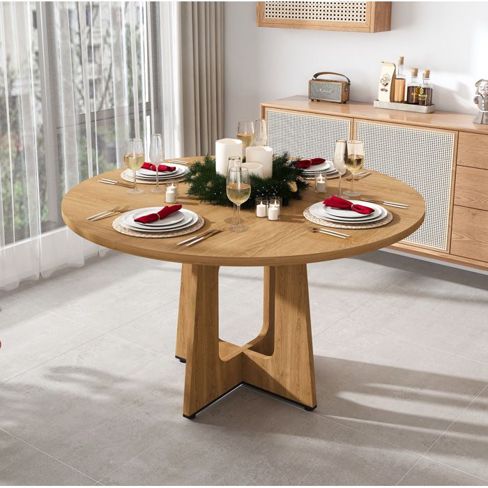 WUVRIE Table à manger ronde 120 cm en MDF aspect chêne 76 cm de haut pieds réglables 4 à 6 personnes