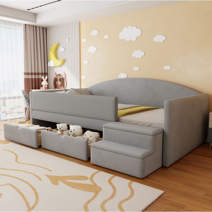 MEUBLIV Lit évolutif enfant 90x190 cm en velours gris clair 2 tiroirs marches de sécurité sans matelas