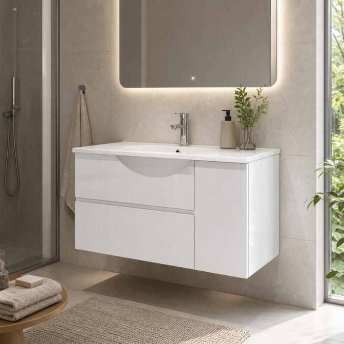 Meuble de salle de bain suspendu 91.5x46.5x50.5 cm avec lavabo en céramique et LED blanc 2 tiroirs porte avec rangement