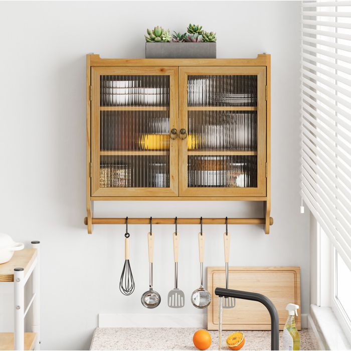 Armoire Murale 2 Portes en Verre Strie 3 Niveaux Porte-Serviettes - MEUNIQ - Vintage Bois Naturel 63×18×60 cm