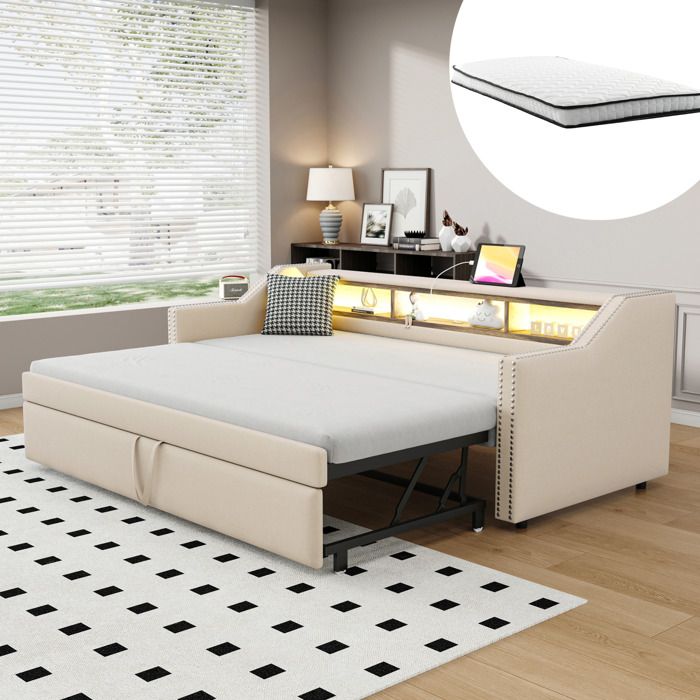 WOVREO Canapé-lit extensible 90x190/180x190 cm avec 2 matelas à ressorts LED USB rangement beige