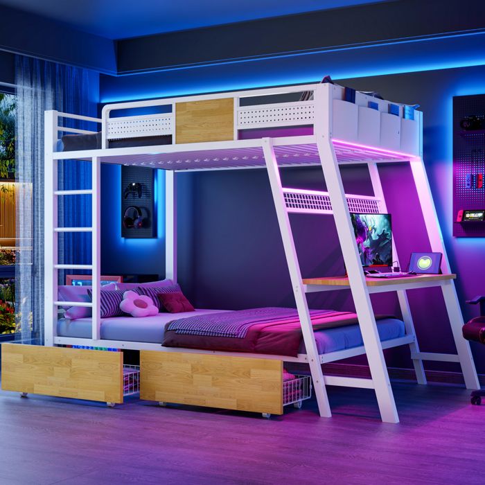 WUVRIE Lit superposé en métal 90 x 200 cm avec bureau intégré LED prises USB Type-C blanc