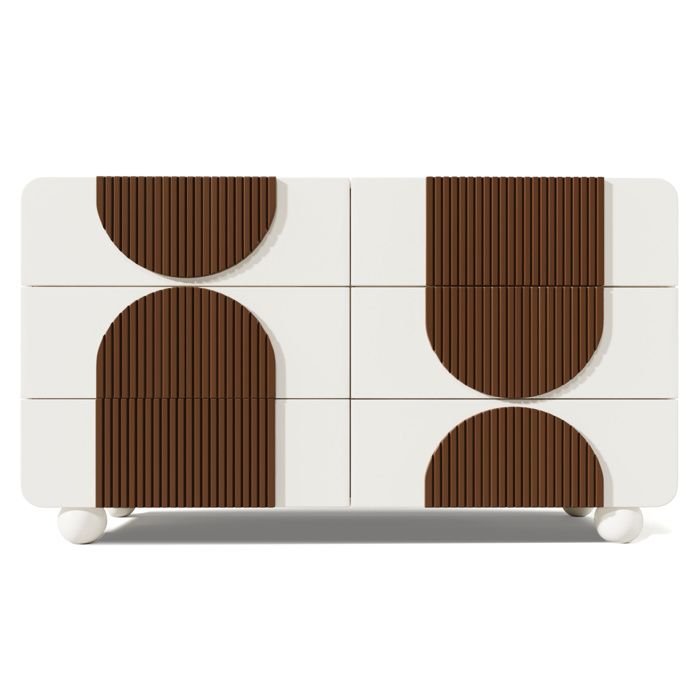 Buffet bas 6 tiroirs - blanc et marron chocolat - design courbe - 121 x 41 x 71 cm