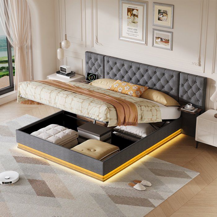 Lit coffre 160x200 cm avec recharge sans fil USB/Type-C lit adulte avec Tête de Lit Capitonnée 2 tables de chevet intégrées lin gris