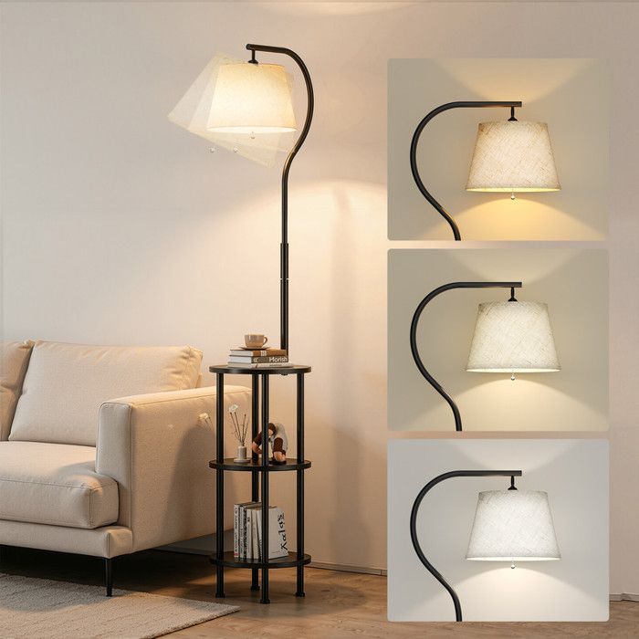 Lampadaire avec Étagères 3 Niveaux Arche Moderne 155 cm Rotatif 350° Abat-Jour 120° 3 Températures Lampe-Étagère