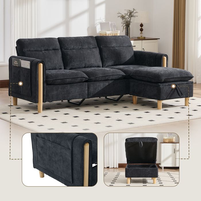 Canapé fixe 3 places dangle modulaire avec rangement angle réversible en tissu chenille noir
