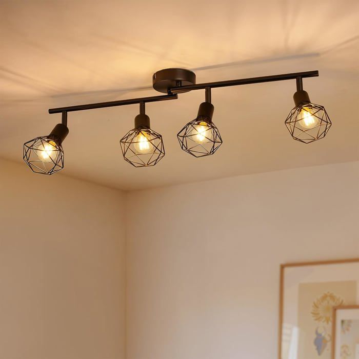 Plafonnier 4 spots orientables E14 - Rampe LED noire style industriel vintage avec cages en fil métallique sans ampoule