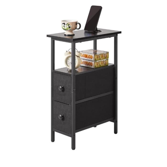 Table dappoint étroite Table de Chevet Mince avec 2 tiroirs en Tissu Table de Nuit Petits espaces Bout de canapé Chambre Noir