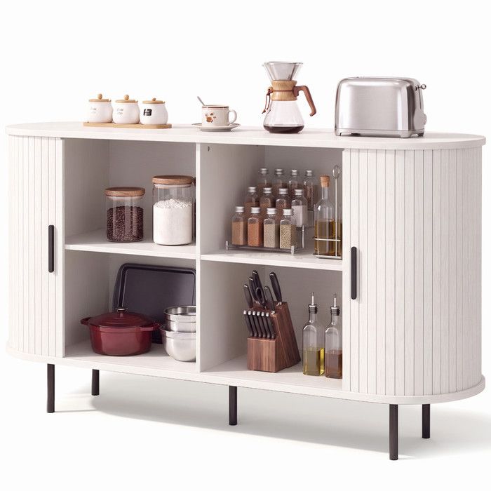 Buffet de Cuisine - Bealife - 2 Portes Coulissantes - 4 Étagères Réglables - Salon - Meuble Bas Rangement sur Pied Métal - Blanc