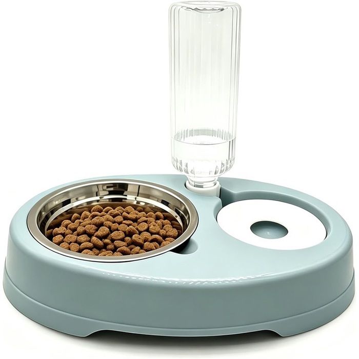 Gamelle double pour chats et chiens surélevée anti-renversement avec réserve d’eau oreilles d’ours bleu céladon