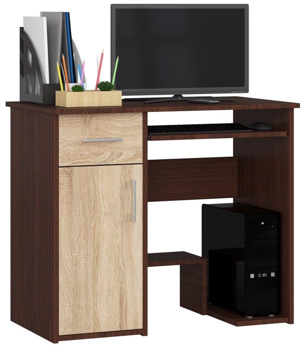 Bureau d'ordinateur AKORD JAY Wengé 90 cm 1 porte 1 tiroir façade Chêne