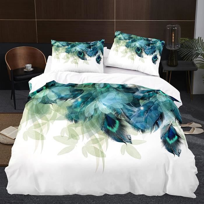 Housse de Couette Plume de Paon Parure de Lit 3 pièces Fleur Blanche