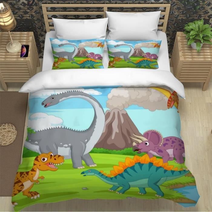 Housse De Couette Dinosaure 200x200cm + 2 Taies - Microfibre - Motif 3D - Enfant Et Adulte