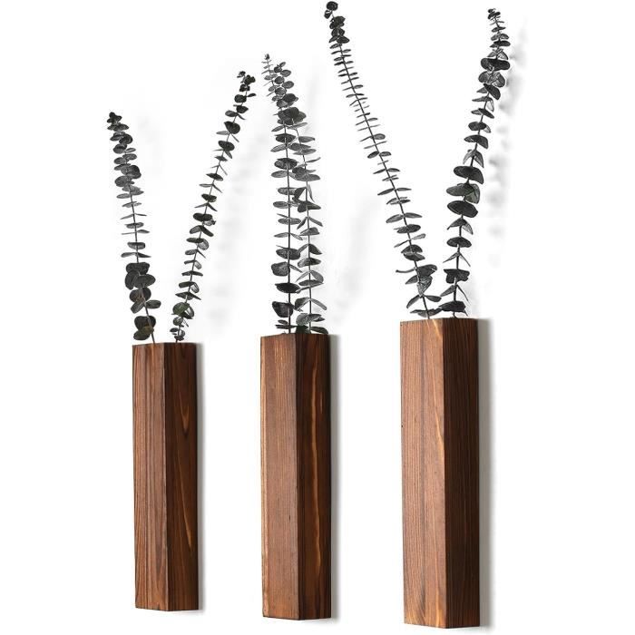 Tlence Lot De 3 Pots Fleurs Muraux Bois Et Verre - Vases Bohème Suspension Hydroponie