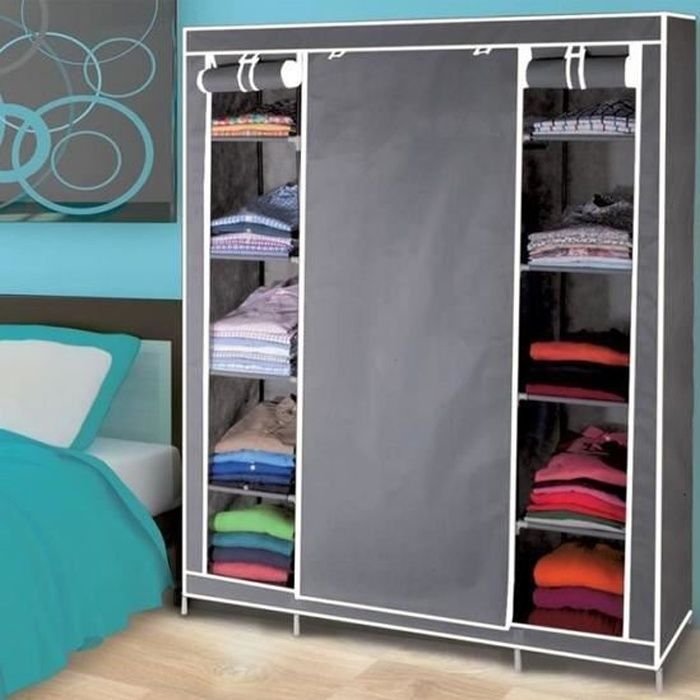 Armoire de chambre KEISHA - Gris - 3 portes - Tringle mobile et 9 étagères de rangement