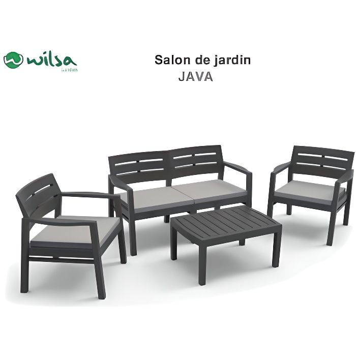 Salon de jardin - Wilsa - Ensemble Java S3 + 2F2 + 1TB - Design - Gris - 5 personnes - Aluminium